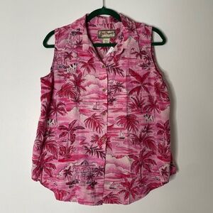 BIG DOGS VINTAGE Pink Resort Graphic Silk Sleeveless Hawaiian Shirt Large